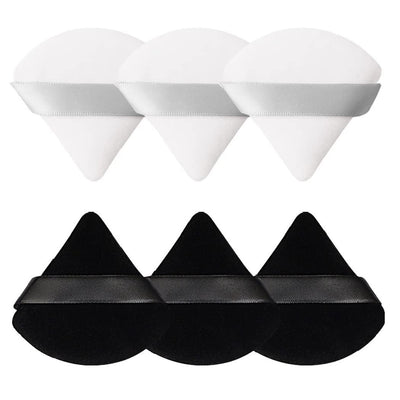 Six black and white triangle and round velour powder puffs by Pimoys arranged in a set, 2.76 inch makeup sponges
