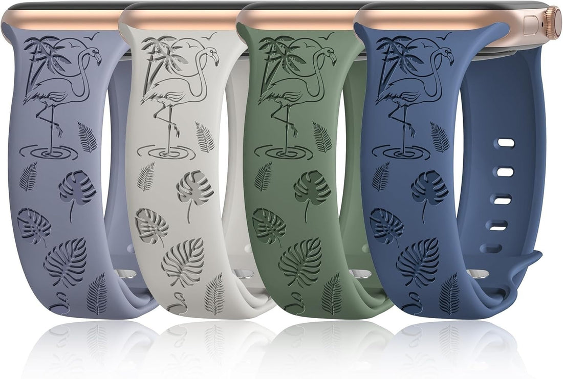 Four engraved silicone Apple Watch bands in blue, cream white, army green, and muted blue with flamingo pattern