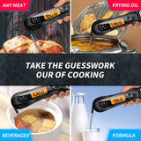 Black digital instant read meat thermometer with backlit LCD display and foldable stainless steel probe on white background - view 4