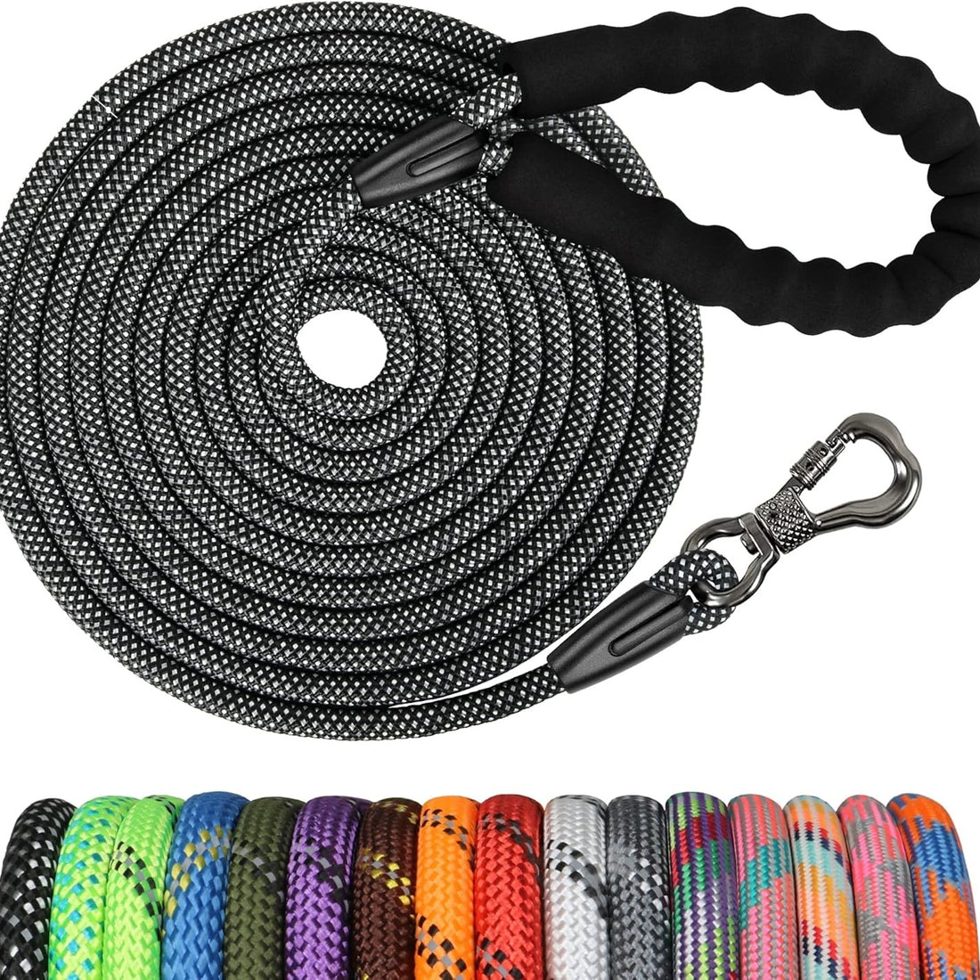 5-foot heavy duty braided polyester rope dog leash with bone-shaped locking swivel hook and reflective strands for large dogs