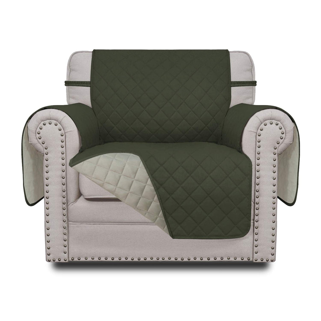 Easy-Going reversible quilted microfiber small chair slipcover shown in army green and beige colorways on armchair