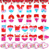 24 multicolor heart-shaped silicone pop fidget keychains each paired with a Valentine's Day greeting card