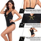 Black women's one-piece swimsuit with V-neckline, metallic buckle, and spaghetti straps for tummy control beach wear - view 3