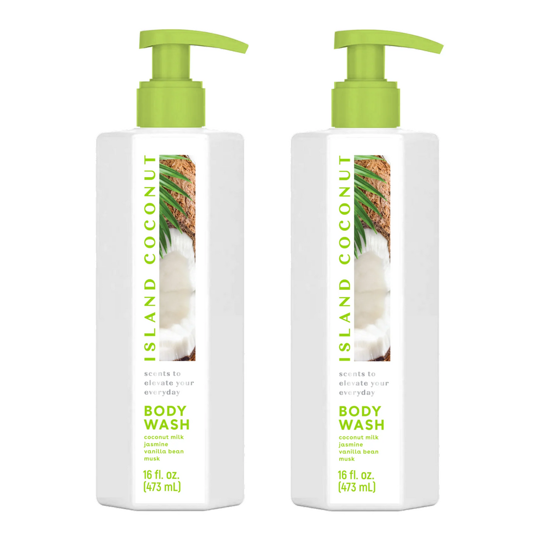 Two ScentWorx Island Coconut Body Wash 16oz bottles with coconut milk jasmine vanilla musk tropical shower gel