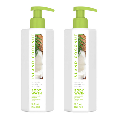 Two ScentWorx Island Coconut Body Wash 16oz bottles with coconut milk jasmine vanilla musk tropical shower gel