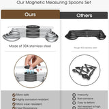 Set of 8 silver stainless steel magnetic measuring spoons with dual-sided design and leveler on white background - view 3