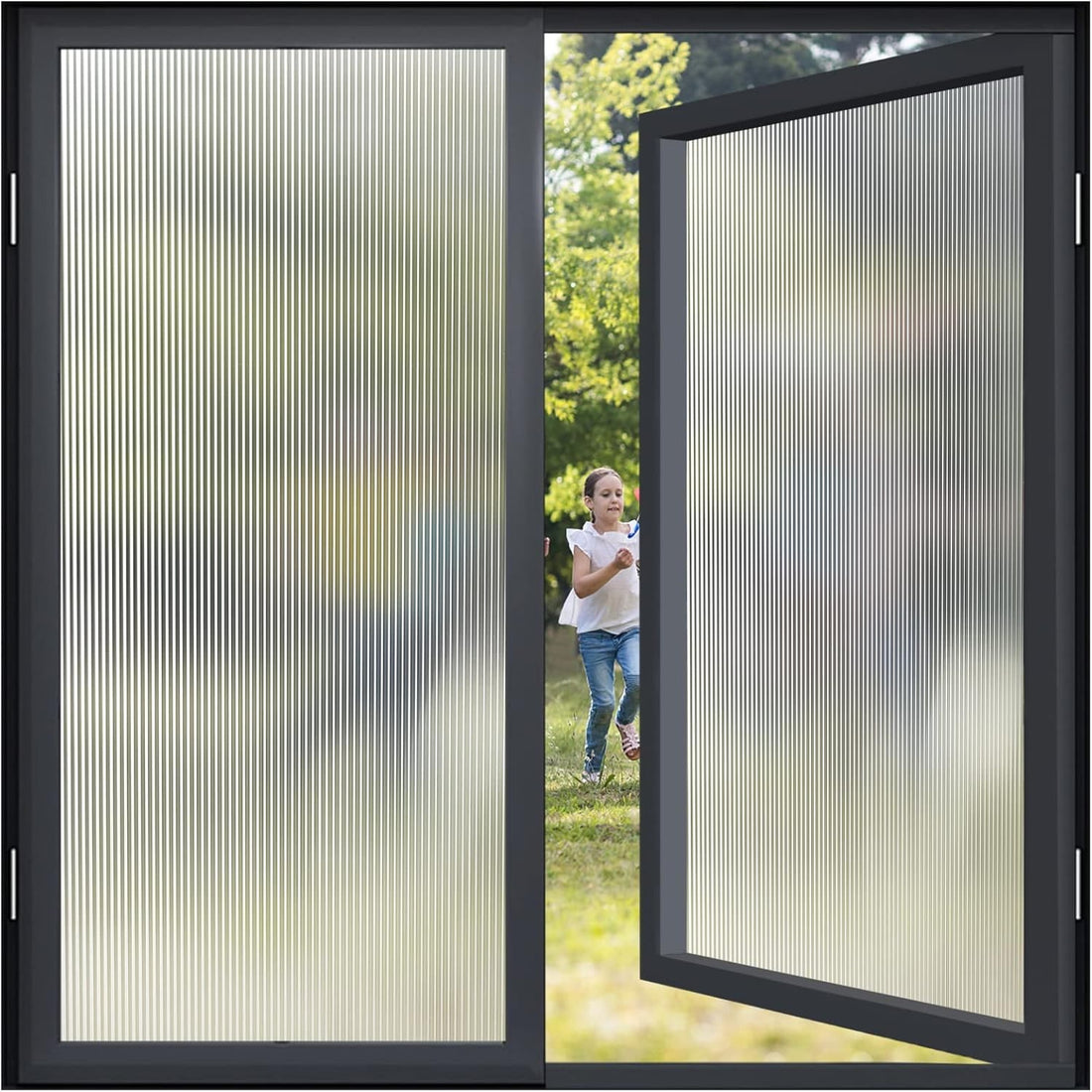 Reeded frosted static cling privacy window film 17.5x78.7 inches with vertical stripe pattern applied to glass window