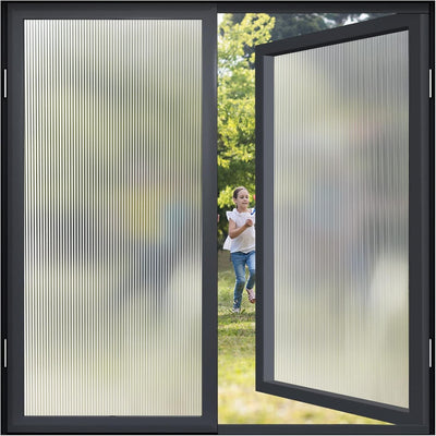 Reeded frosted static cling privacy window film 17.5x78.7 inches with vertical stripe pattern applied to glass window