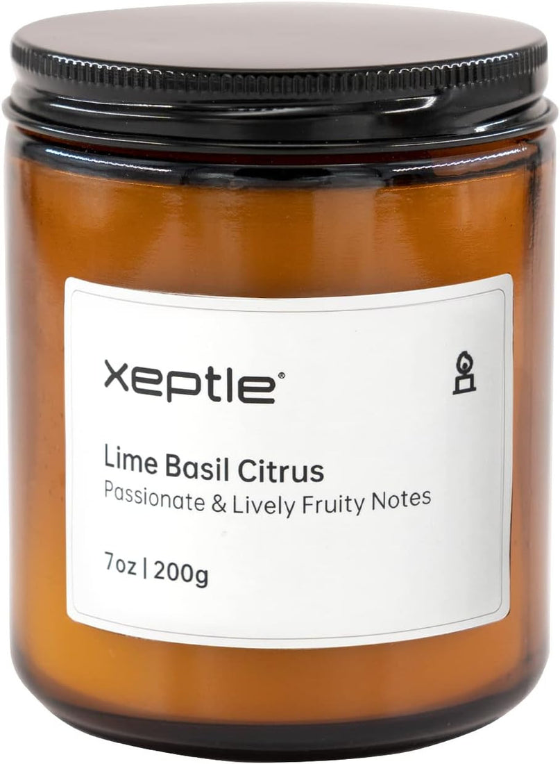 Xeptle 7oz lime basil citrus scented soy wax candle in black glass jar with ribbon accent, odor eliminating