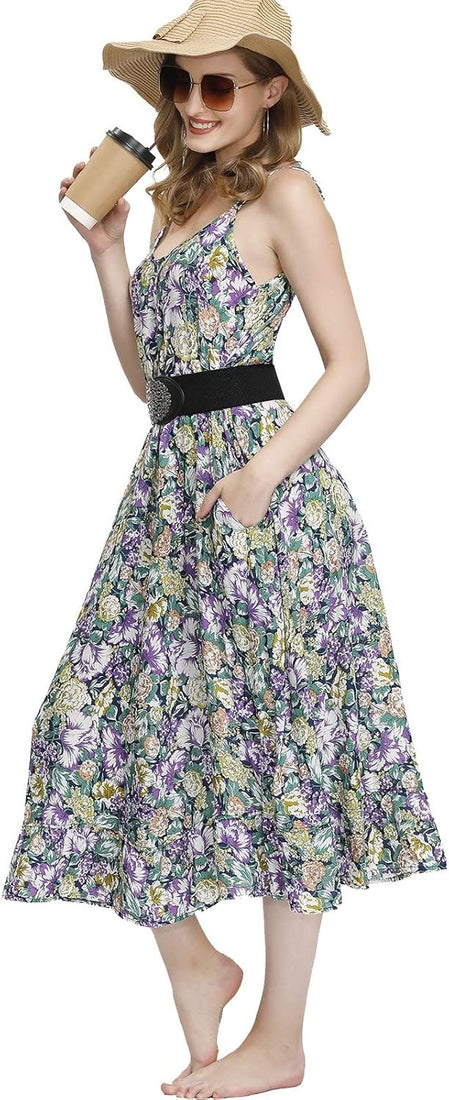 Women's purple grape floral boho maxi dress with V-neck adjustable spaghetti straps and side pockets in lightweight rayon