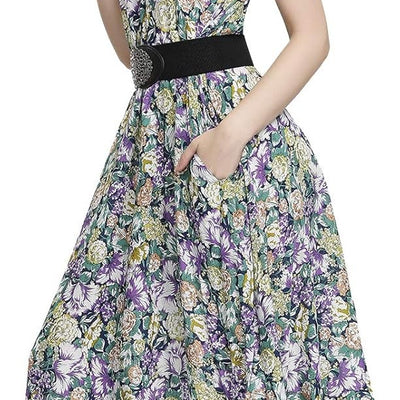 Women's purple grape floral boho maxi dress with V-neck adjustable spaghetti straps and side pockets in lightweight rayon
