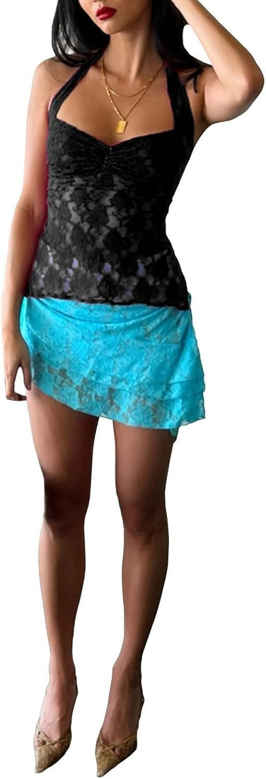 Black sheer floral lace cami crop top with spaghetti straps, ruched bustier front and backless design on female model