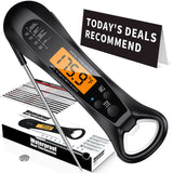 Black digital instant read meat thermometer with backlit LCD display and foldable stainless steel probe on white background