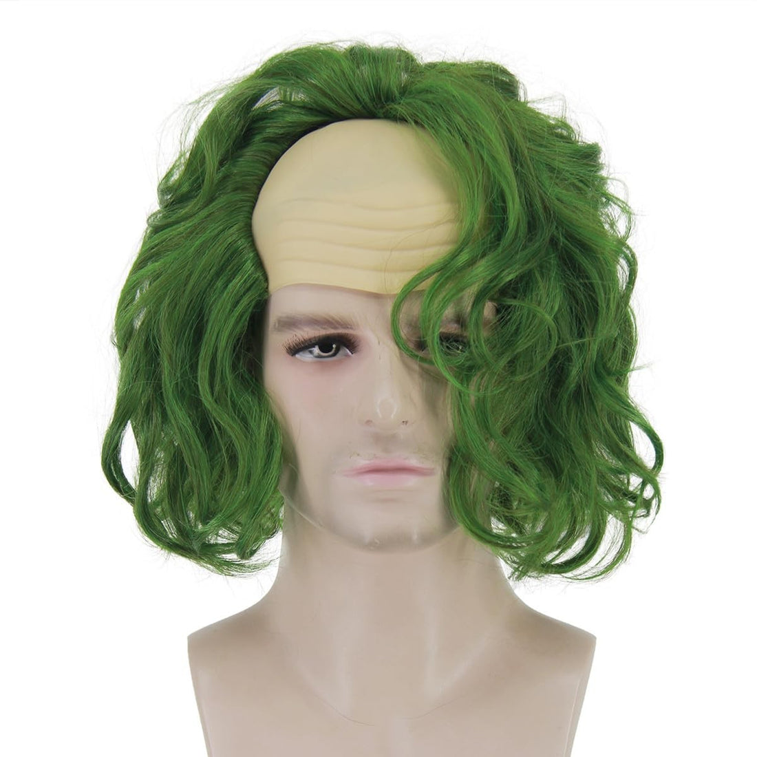 Green wavy men's costume wig styled for Beetlejuice Halloween cosplay or St. Patrick's Day anime dress-up