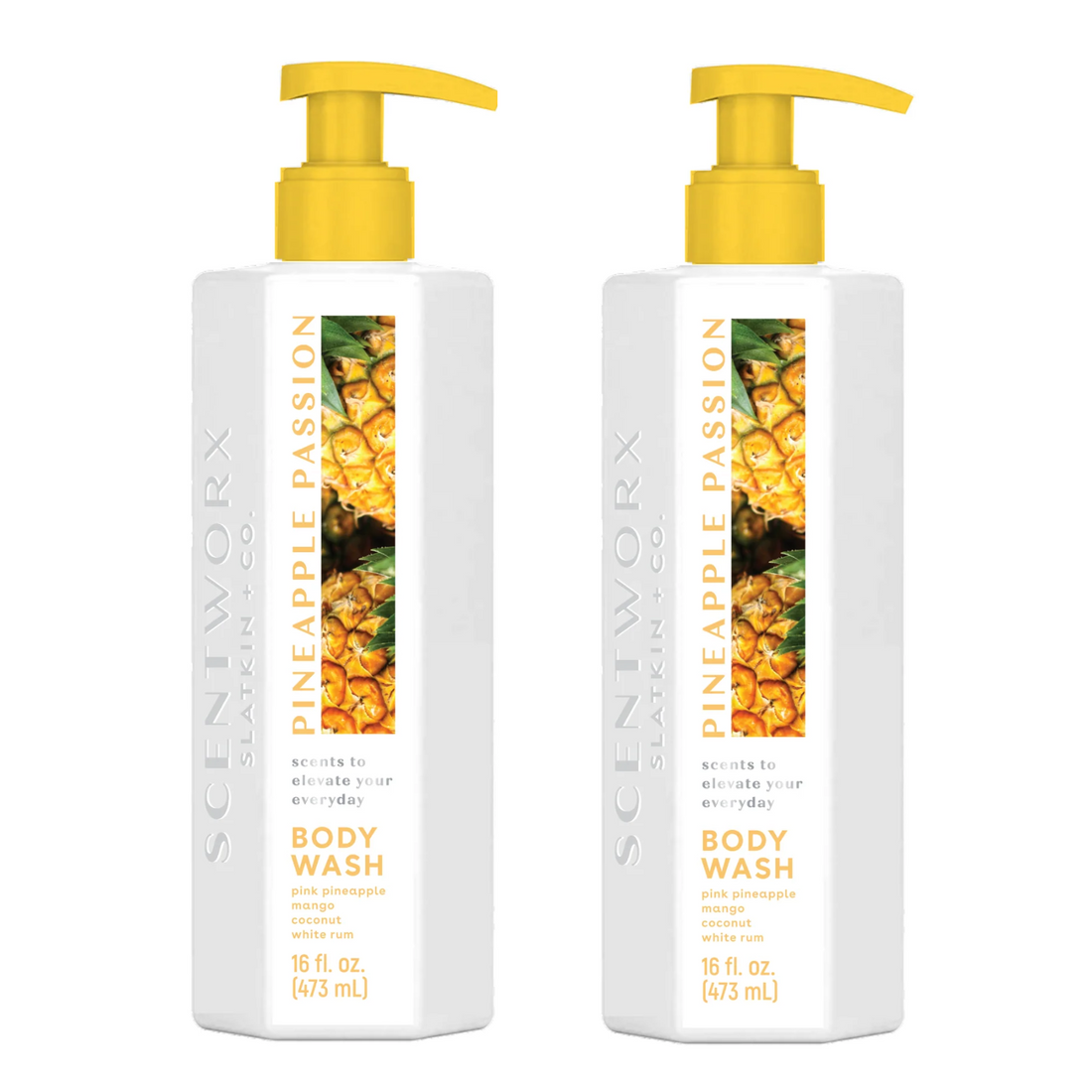 Two 16oz ScentWorx Pineapple Passion tropical body wash bottles with mango and tiare flower scent