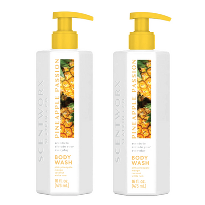 Two 16oz ScentWorx Pineapple Passion tropical body wash bottles with mango and tiare flower scent