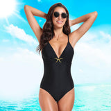 Black women's one-piece swimsuit with V-neckline, metallic buckle, and spaghetti straps for tummy control beach wear - view 4