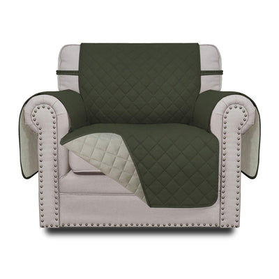 Easy-Going reversible quilted microfiber small chair slipcover shown in army green and beige colorways on armchair