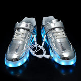 Silver kids LED light-up sneakers with hook and loop closure showing glowing sole in multiple colors, size 12 - view 4