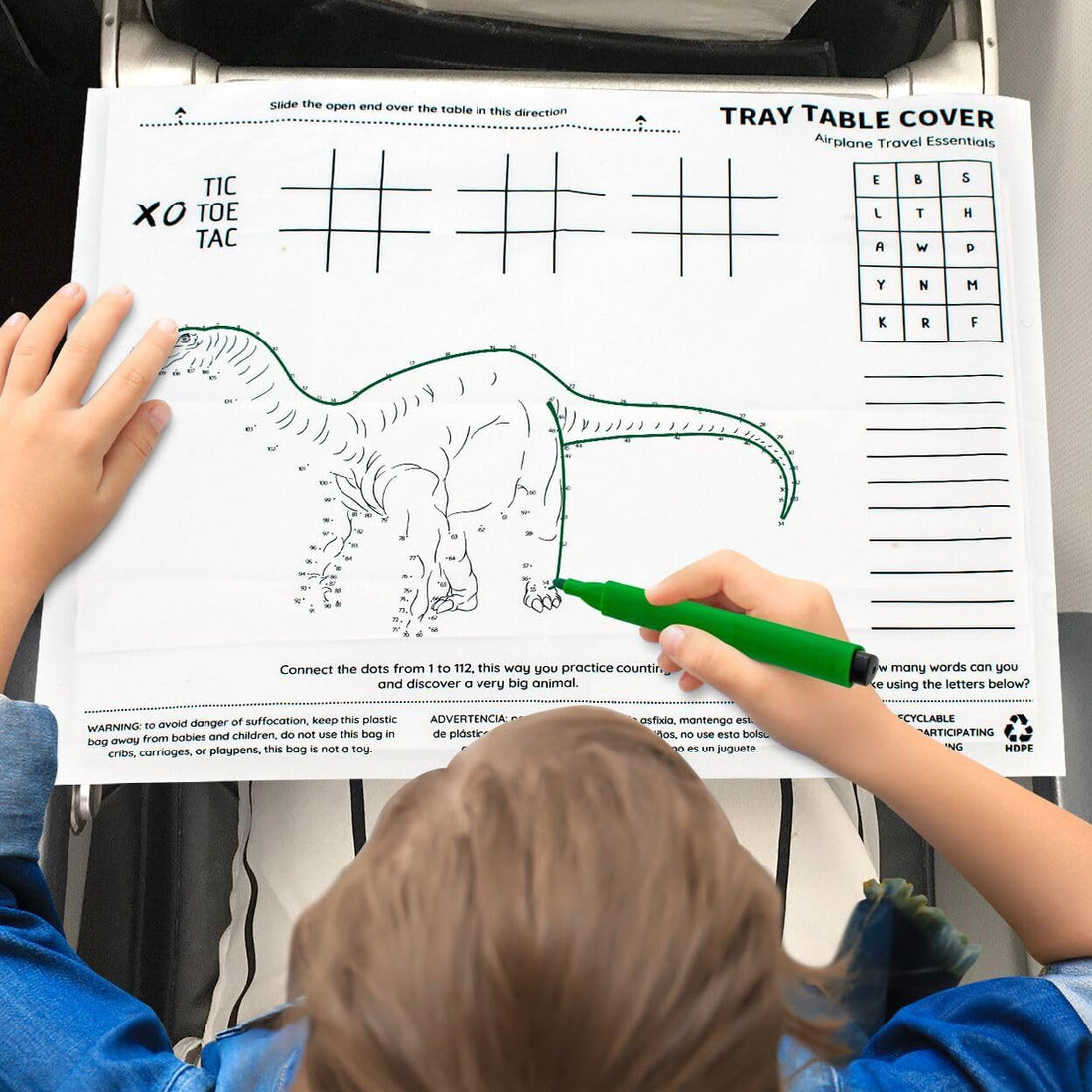 10-pack disposable airplane tray table covers 18x14 inches with dinosaur coloring game printed on surface for children