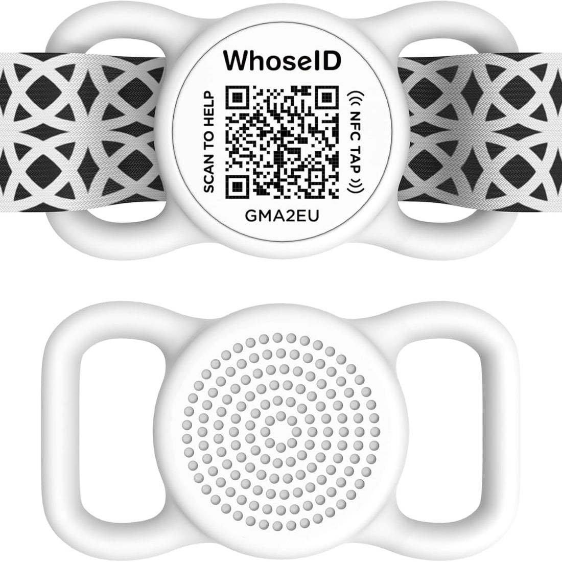 WhoseID silicone QR code NFC pet ID tag in multiple colors shown on a dog collar, waterproof smart tag