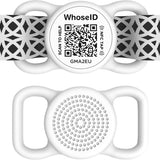 WhoseID silicone QR code NFC pet ID tag in multiple colors shown on a dog collar, waterproof smart tag