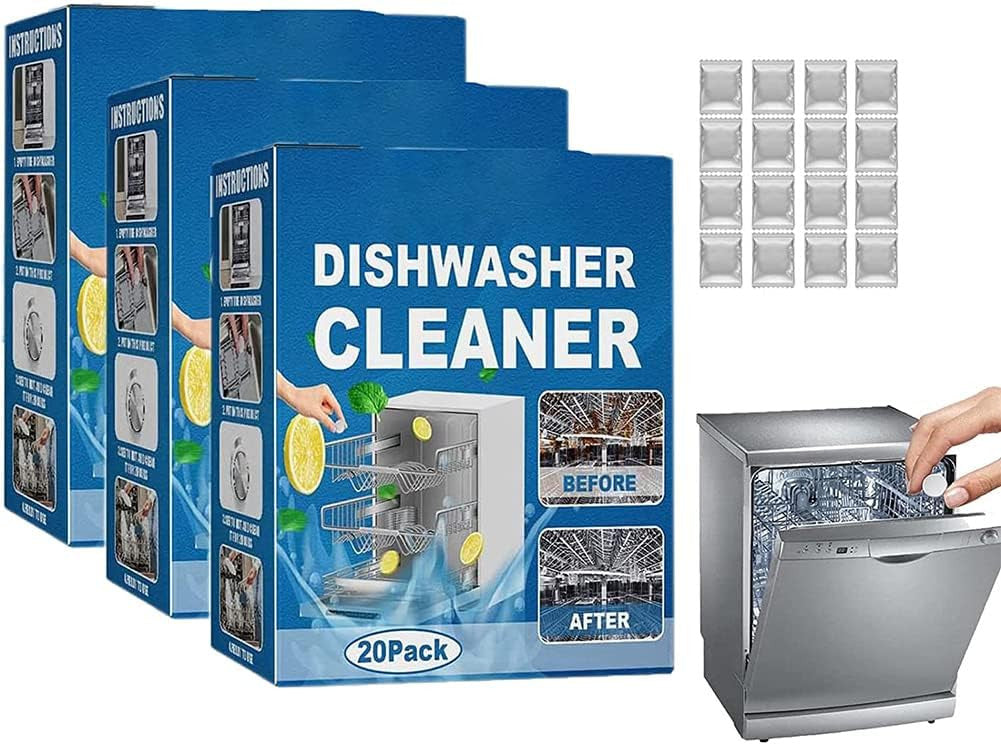 Three dishwasher cleaning tablets in packaging, biodegradable lemon-scent formula for removing grease and limescale