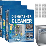 Three dishwasher cleaning tablets in packaging, biodegradable lemon-scent formula for removing grease and limescale