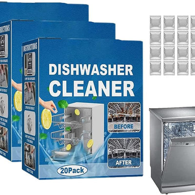 Three dishwasher cleaning tablets in packaging, biodegradable lemon-scent formula for removing grease and limescale