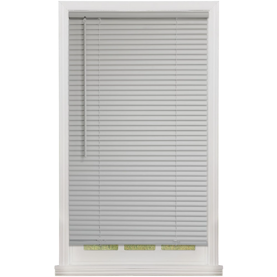 Mainstays gray 1-inch cordless vinyl mini blinds installed on a window, 35 inches wide by 48 inches long