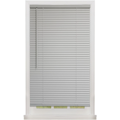 Mainstays gray 1-inch cordless vinyl mini blinds installed on a window, 35 inches wide by 48 inches long