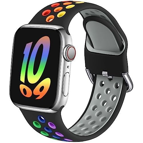 Muranne black rainbow silicone sport band for Apple Watch 42mm 44mm 45mm 49mm with ventilation holes and stainless buckle