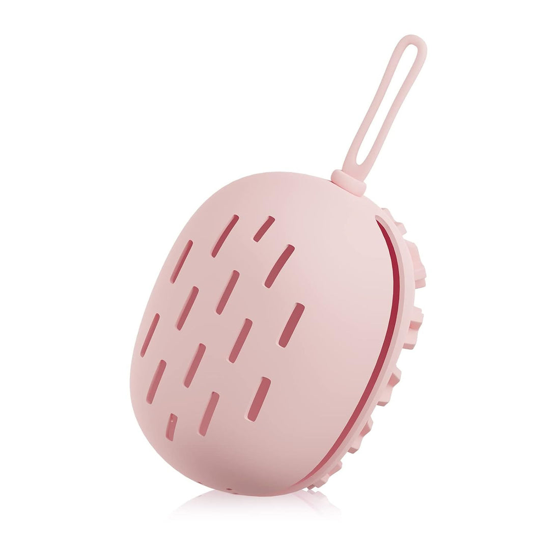 Pink silicone makeup sponge holder travel case with ventilation holes and hanging lanyard by Annaove