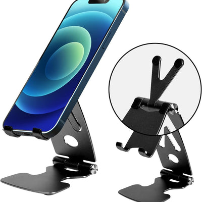 Black aluminum adjustable phone and tablet desktop stand cradle with rubber base pads, collapsed and upright positions shown