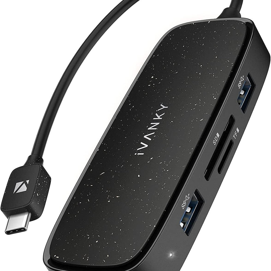iVANKY 7-in-1 aluminum USB-C docking station showing HDMI, USB 3.0, SD card, and USB-C PD ports