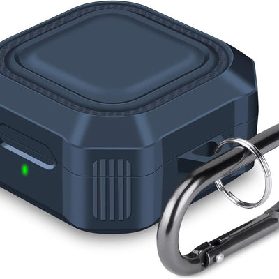 Navy blue TPU protective case for Samsung Galaxy Buds 2 Pro Live charging case with carabiner keychain clip attached