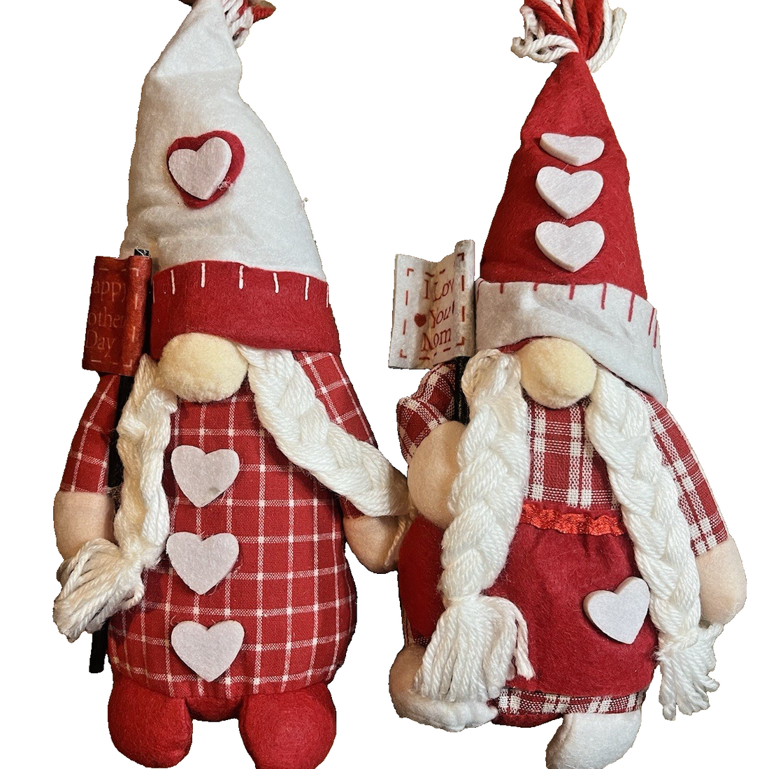 Two handmade 8-inch Mother's Day gnomes, Mr and Mrs in red plaid shirts and red white striped heart hats, displayed as a pair