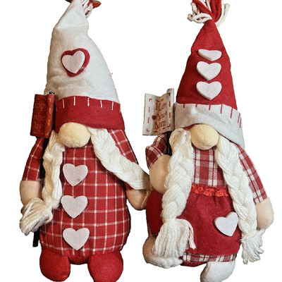 Two handmade 8-inch Mother's Day gnomes, Mr and Mrs in red plaid shirts and red white striped heart hats, displayed as a pair