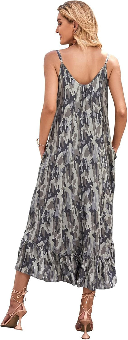 Women's sleeveless camouflage floral maxi dress with deep V-neck and side pockets in green boho style