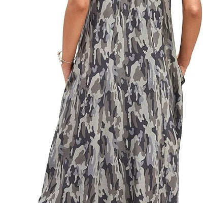 Women's sleeveless camouflage floral maxi dress with deep V-neck and side pockets in green boho style