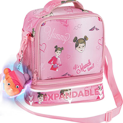 Pink expandable insulated kids lunch bag with shoulder strap and Munchi Meli character design by Friends On Trend