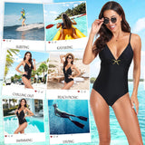 Black women's one-piece swimsuit with V-neckline, metallic buckle, and spaghetti straps for tummy control beach wear - view 5