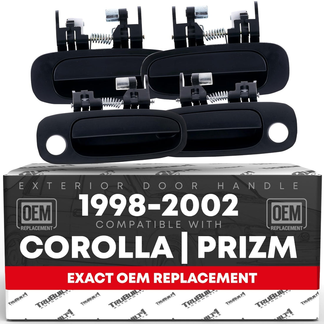 Four textured black plastic exterior door handles for 1998-2002 Toyota Corolla, front and rear driver and passenger sides