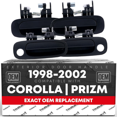 Four textured black plastic exterior door handles for 1998-2002 Toyota Corolla, front and rear driver and passenger sides