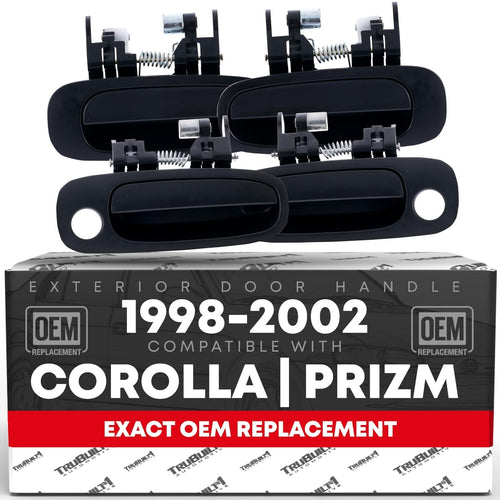 Four textured black plastic exterior door handles for 1998-2002 Toyota Corolla, front and rear driver and passenger sides