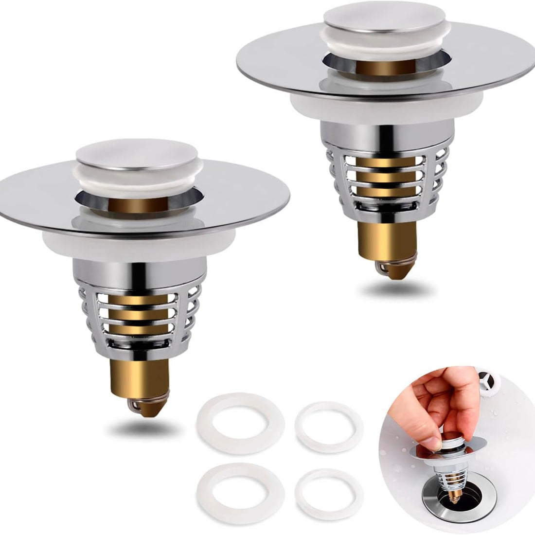 Two stainless steel pop-up sink stoppers with hair catcher drain strainers for bathroom sink and tub drains