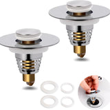 Two stainless steel pop-up sink stoppers with hair catcher drain strainers for bathroom sink and tub drains