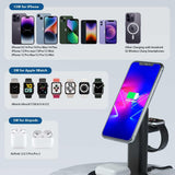 Black matte 3-in-1 wireless charging station with adjustable stand for iPhone, Apple Watch, and AirPods on desk - view 2
