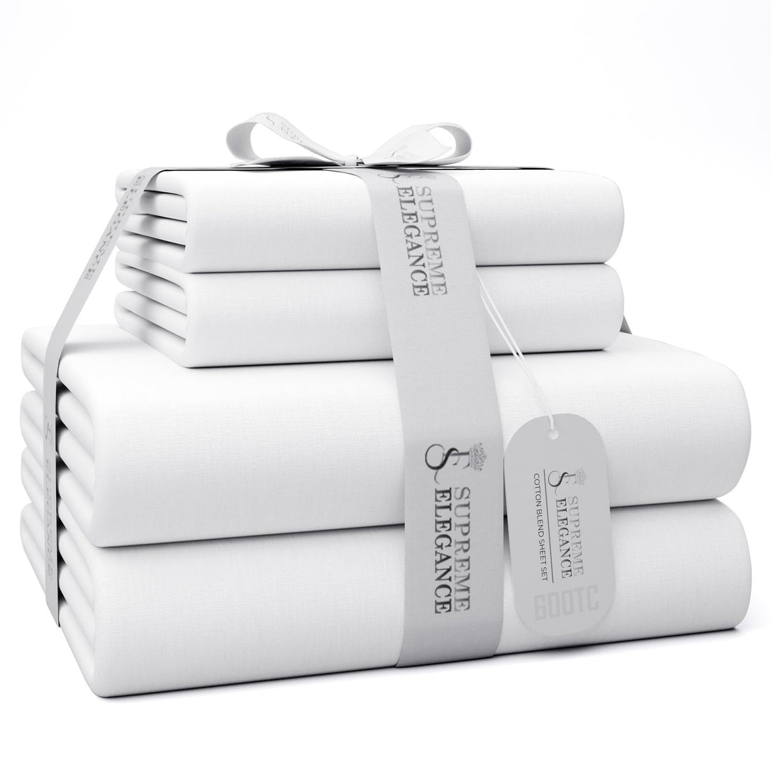 Supreme Elegance 4-piece full bed sheet set in arctic white with sateen weave finish, including flat sheet, fitted sheet, and two pillowcases