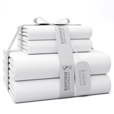 Supreme Elegance 4-piece full bed sheet set in arctic white with sateen weave finish, including flat sheet, fitted sheet, and two pillowcases